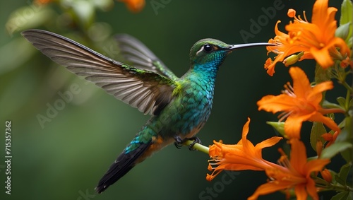 Hummingbird Long-tailed Sylph, Aglaiocercus kingi with orange flower © New generate