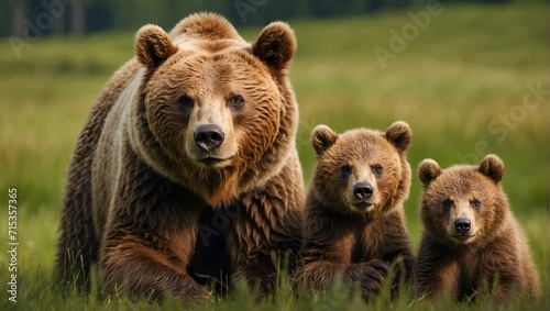 Brown bear, ursus arctos, mother with two cubs on green meadow © New generate