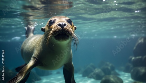 Funny sea lion swimming underwater in the ocean. Animal theme.