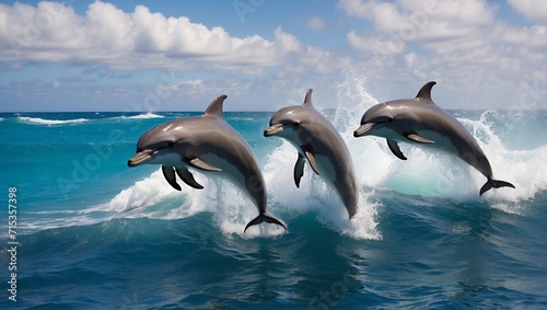 Playful dolphins jumping over breaking waves. Hawaii Pacific Ocean wildlife scenery. Marine animals in natural habitat.