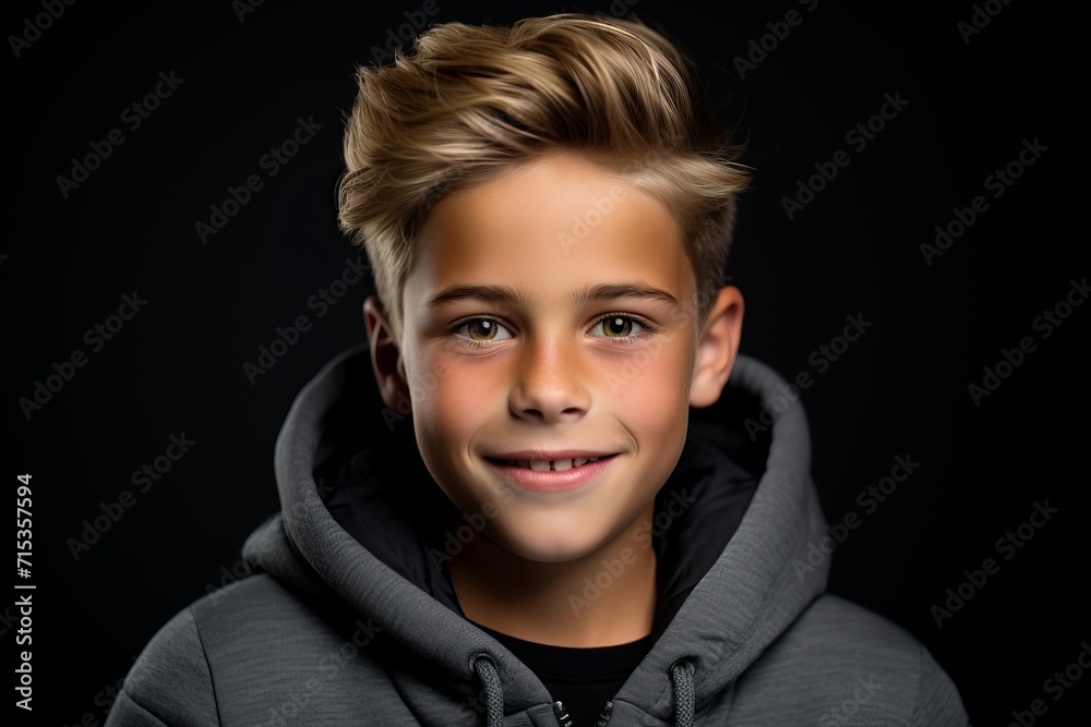 Portrait of a smiling boy in a gray hoodie on a black background. Portrait of a smiling boy in a gray hoodie on a black background.