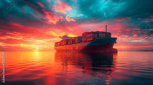 Container cargo ship in ocean at sunset dramatic sky background.