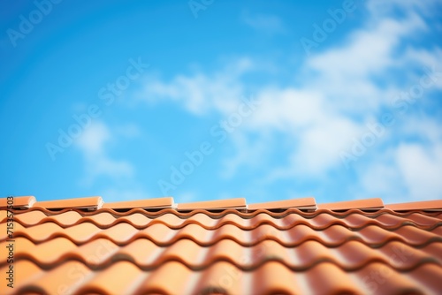 closeup of clay roof tiles with blue sky background