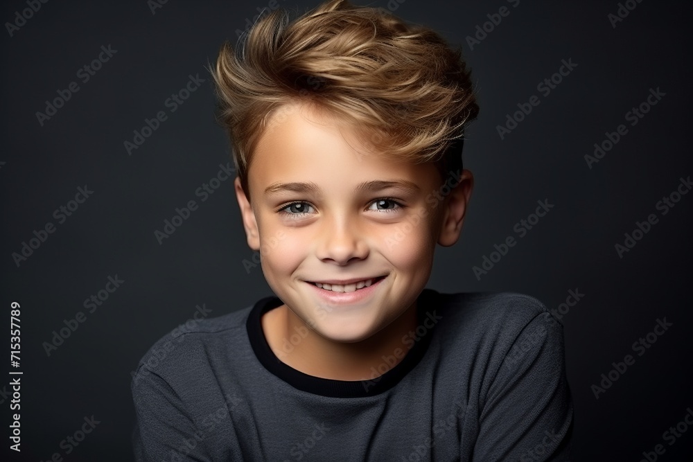 Portrait of a smiling boy on a dark background. Close-up. Portrait of a smiling boy on a dark background. Close-up.