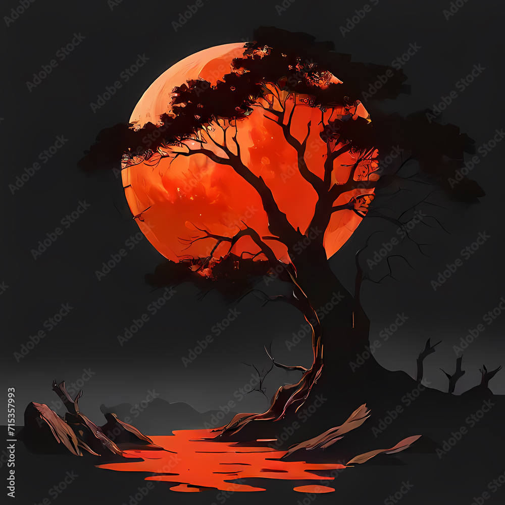 A desolate forest under a blood-red moon, setting the eerie tone. An ancient, gnarled tree stands as a gateway to a realm of darkness