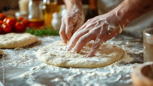 Pizza Process Dough Preparation Close-up shots of the hands kneading and stretching pizza dough on a floured surface, emphasizing the tactile and hands-on nature of the process photo