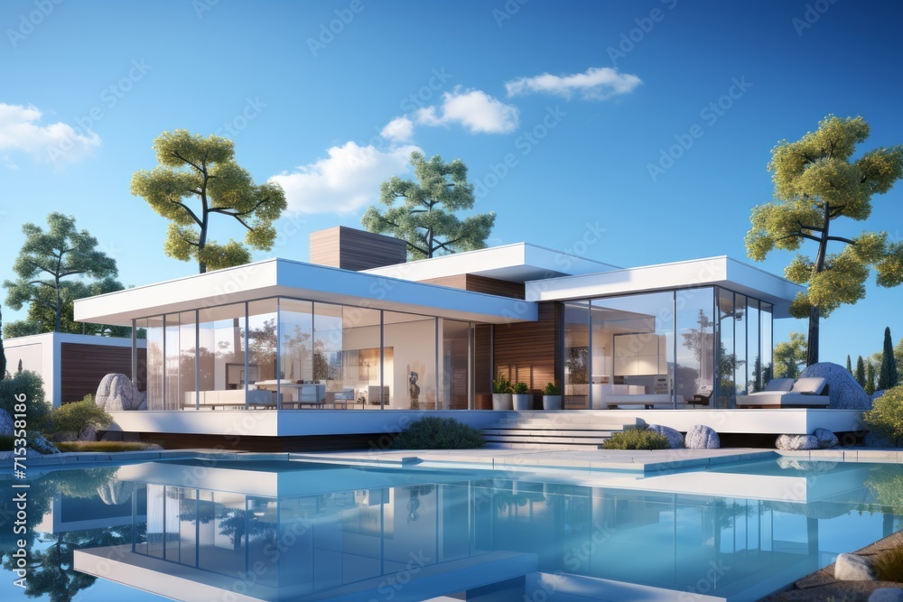 Fototapeta premium Modern Minimalist House Sketch, on an isolated Sky Blue background, Generative AI