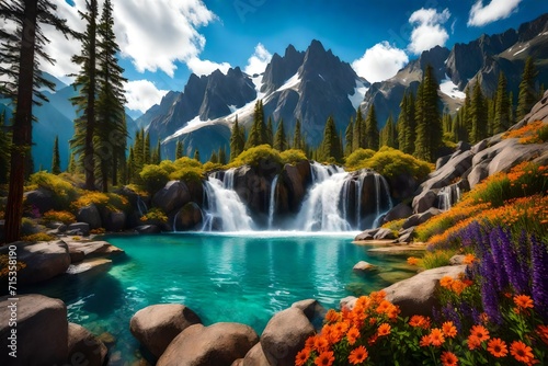A remote mountainous landscape, featuring a cascading waterfall that plunges into a crystal-clear pool. The rugged rocks and rugged terrain add a sense of adventure and exploration to the scene. 