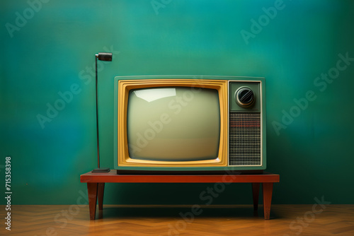 TV room. Vintage television on a painted wall background.