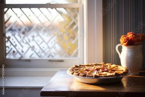 lattice-topped apple pie beside a window with daylight