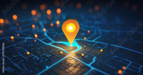 A glowing geolocation marker on a map of a nighttime city