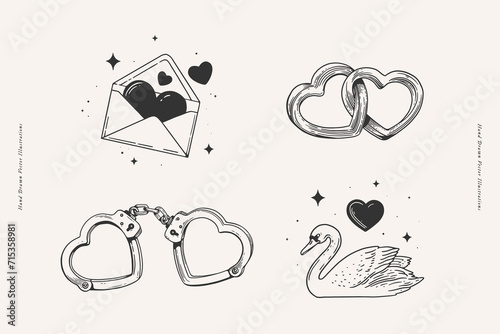 Set of strong love and romance symbols in linear style. Love letter, chained hearts, white swan and heart shaped handcuffs. Valentine's day vector illustration. Wedding attributes on light background