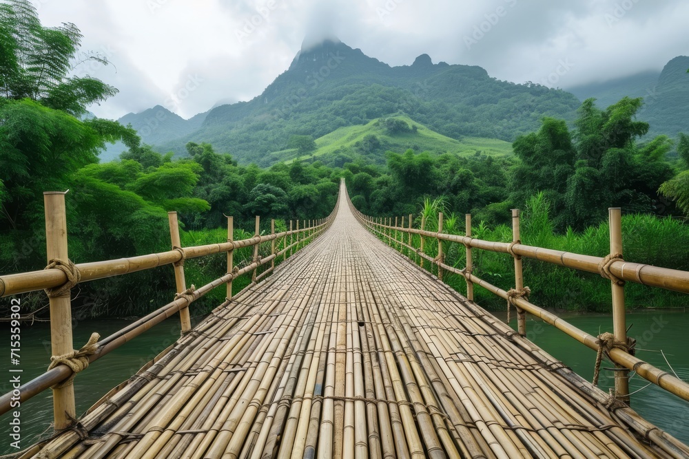 bamboo bridge is constructed with wooden poles and ropes