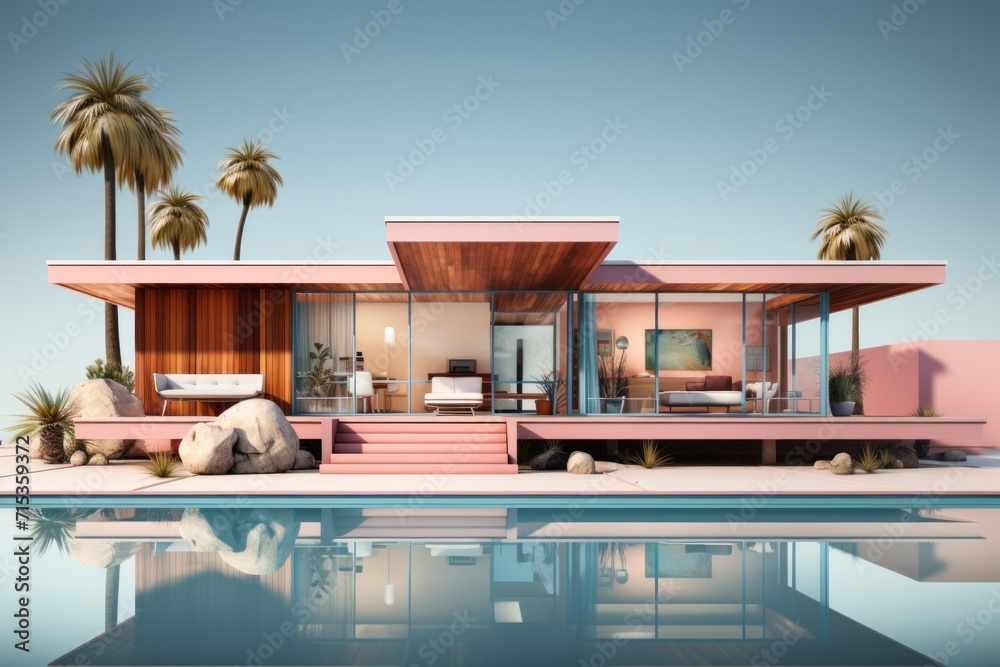 Fototapeta premium Sleek Mid-Century Modern House Sketch, on an isolated Coral Pink background, Generative AI