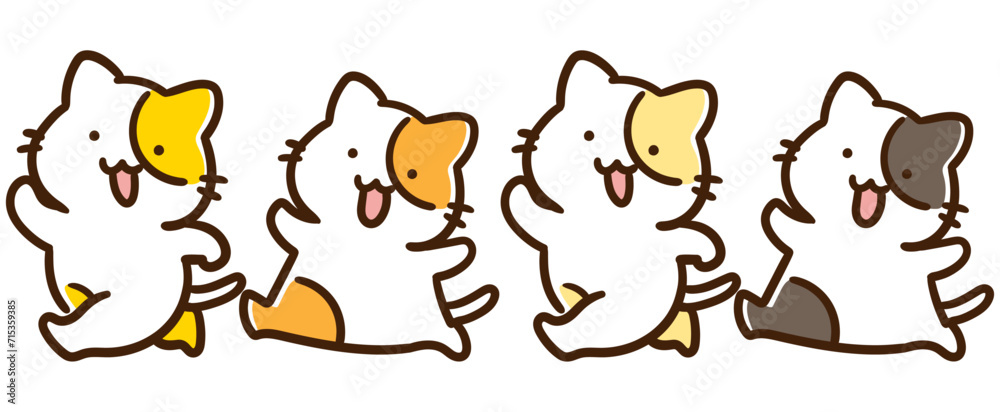 一列に並んで行進するかわいいねこ達のデフォルメイラスト 一列に並んで行進するかわいいねこ達のデフォルメイラスト