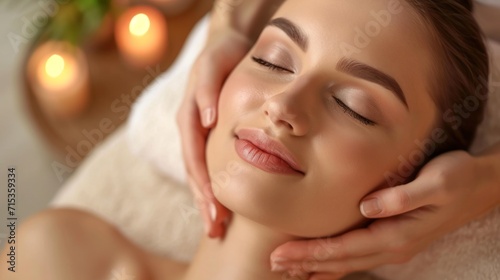 Beautiful woman with smooth skin in a spa salon undergoing cosmetic procedures. Face massage.