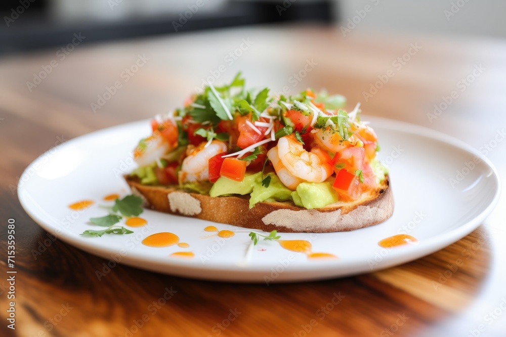 fresh bruschetta with shrimp and avocado on top fresh bruschetta with shrimp and avocado on top