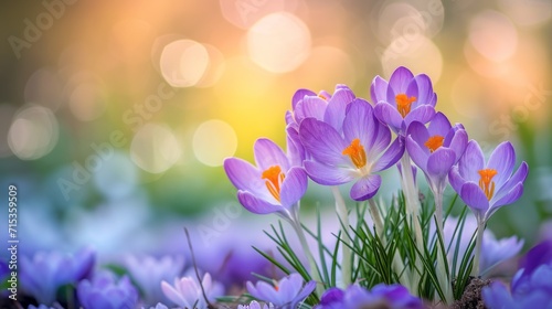 Spring background with lilac flowers crocuses.