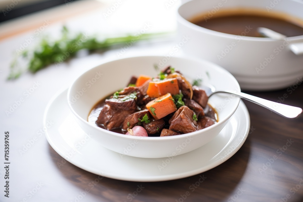 beef bourguignon in a white bowl with a spoon on the side beef bourguignon in a white bowl with a spoon on the side