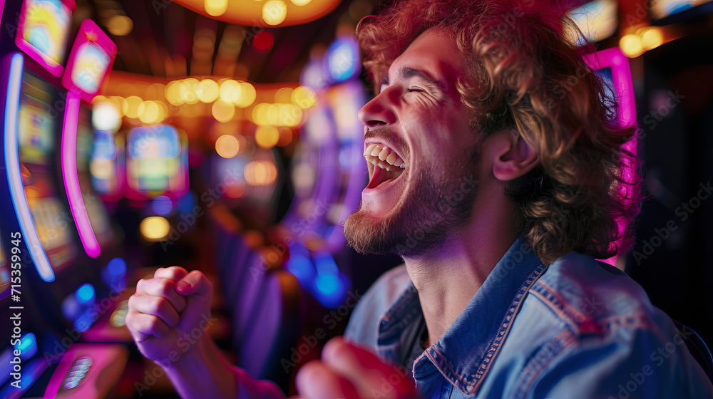 Fototapeta premium Portrait of a happy gambler win money in in casino playing at slot machines