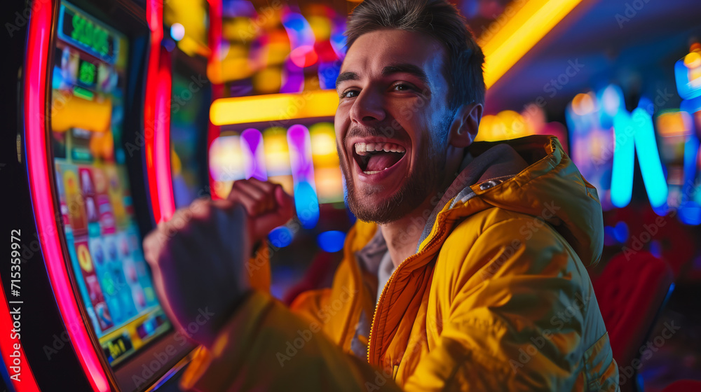Portrait of a happy gambler win money in in casino playing at slot machines Portrait of a happy gambler win money in in casino playing at slot machines
