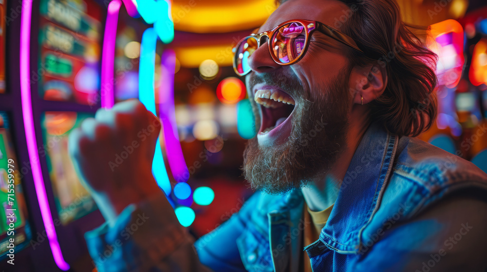 Obraz premium Portrait of a happy gambler win money in in casino playing at slot machines