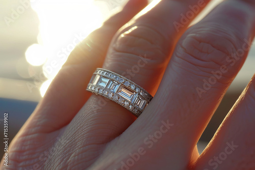 Finger wearing a luxury baguette diamond band engagement ring