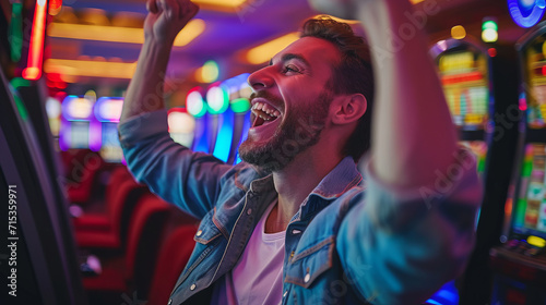 Portrait of a happy gambler win money in in casino playing at slot machines