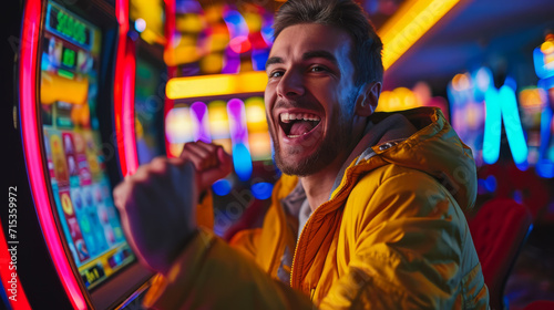 Portrait of a happy gambler win money in in casino playing at slot machines