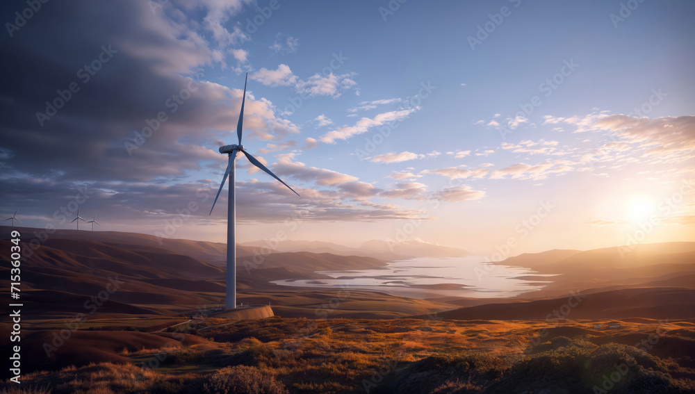 Wind turbines in a beautiful landscape at sunset. 3D rendering. Wind turbines in a beautiful landscape at sunset. 3D rendering.