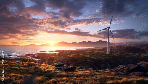 Wind turbines on the coast at sunset. 3d render illustration.