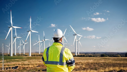 Male engineer standing in front of wind turbines on a sunny day.