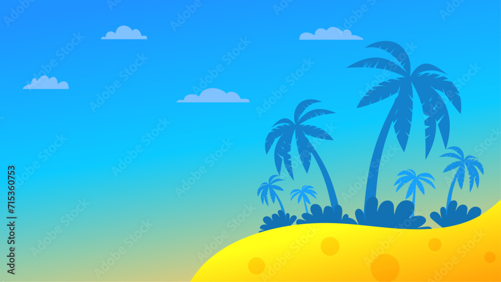 Blue orange and yellow vector background for summer season. Summer background with beach, flower, floral, coconut, leaf, and sun