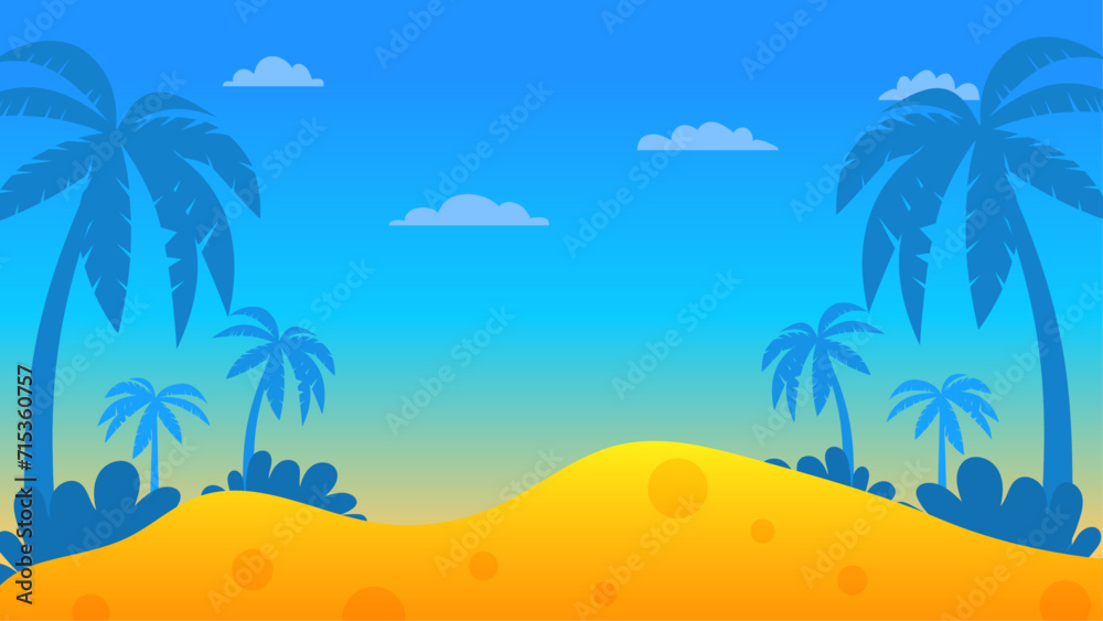 Blue orange and yellow summer background vector illustration. Summer background with beach, flower, floral, coconut, leaf, and sun