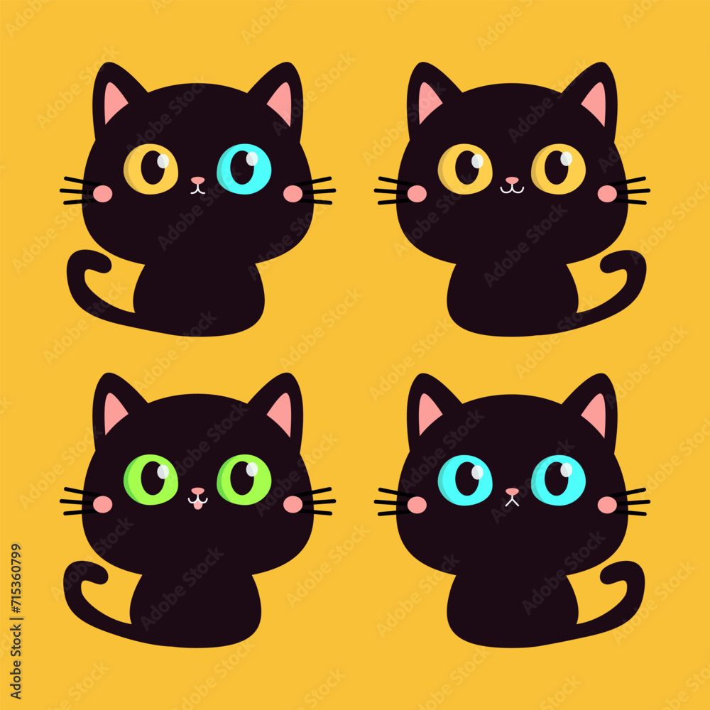 Fototapeta premium Cat set. Cute face head. Black silhouette icon. Kitten with big yellow, blue, green eyes. Cartoon pet baby character. Pink ears, nose, cheek. Funny kawaii animal. Flat design. Yellow background.