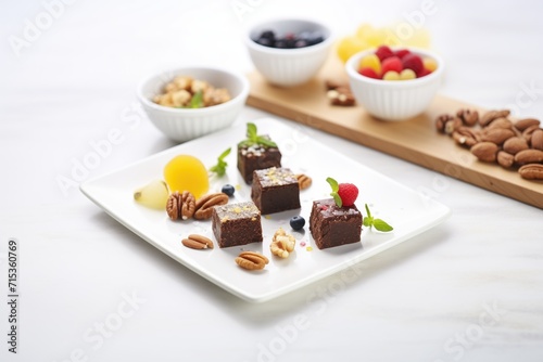 assorted brownies with various nuts on white plate