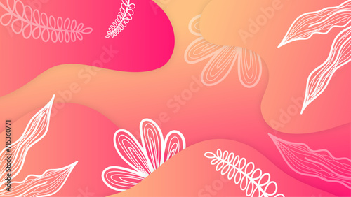 Pink peach and white vector realistic background for summer season. Summer background with beach, flower, floral, coconut, leaf, and sun