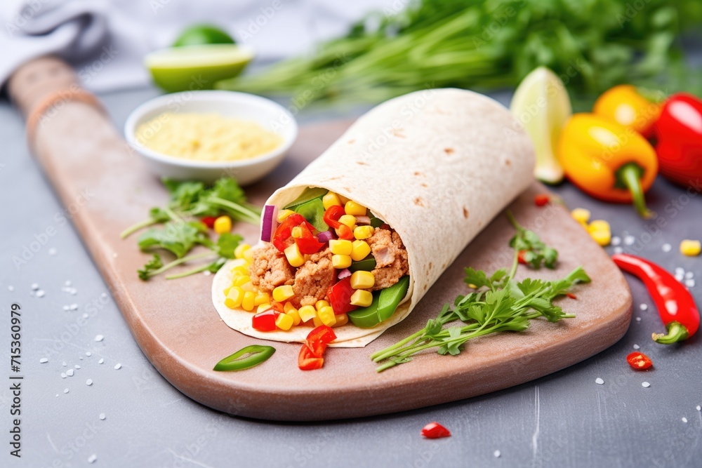 vegan bean burrito with corn and peppers on a slate slab vegan bean burrito with corn and peppers on a slate slab