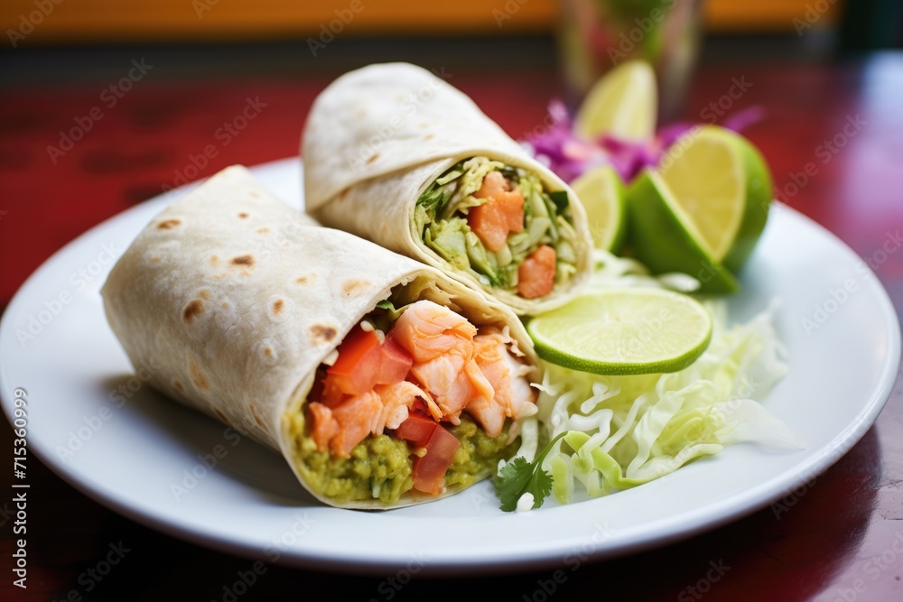 seafood burrito with shrimp and cabbage, lime wedge on side seafood burrito with shrimp and cabbage, lime wedge on side