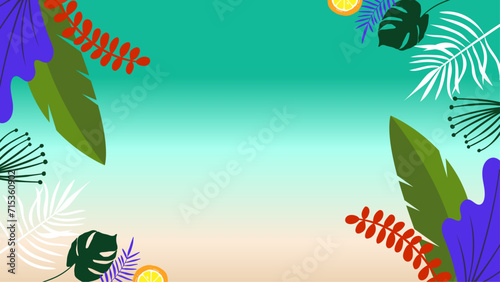 Colorful colourful summer background style vector illustration. Summer background with beach, flower, floral, coconut, leaf, and sun