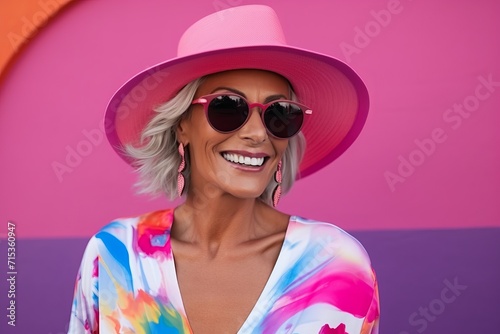 Portrait of a beautiful woman wearing hat and sunglasses over pink background © Loli
