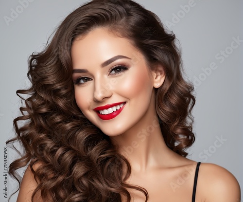 Beautiful smiling woman with long wavy hair, red lipstick