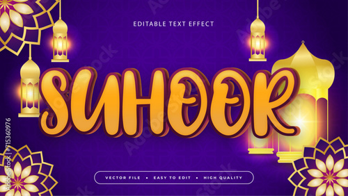 Purple violet gold and orange suhoor 3d editable text effect - font style. Ramadan text style effect