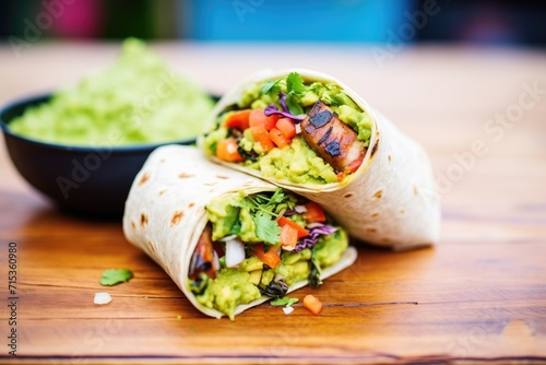 grilled burrito with blackened marks, side of guacamole