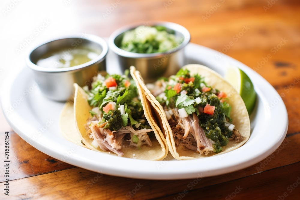 carnitas taco plate with lime wedges and salsa verde