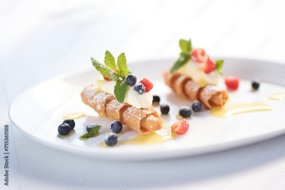 fresh cannoli with creamy filling on white plate fresh cannoli with creamy filling on white plate