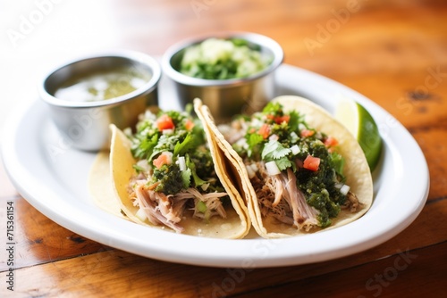 carnitas taco plate with lime wedges and salsa verde