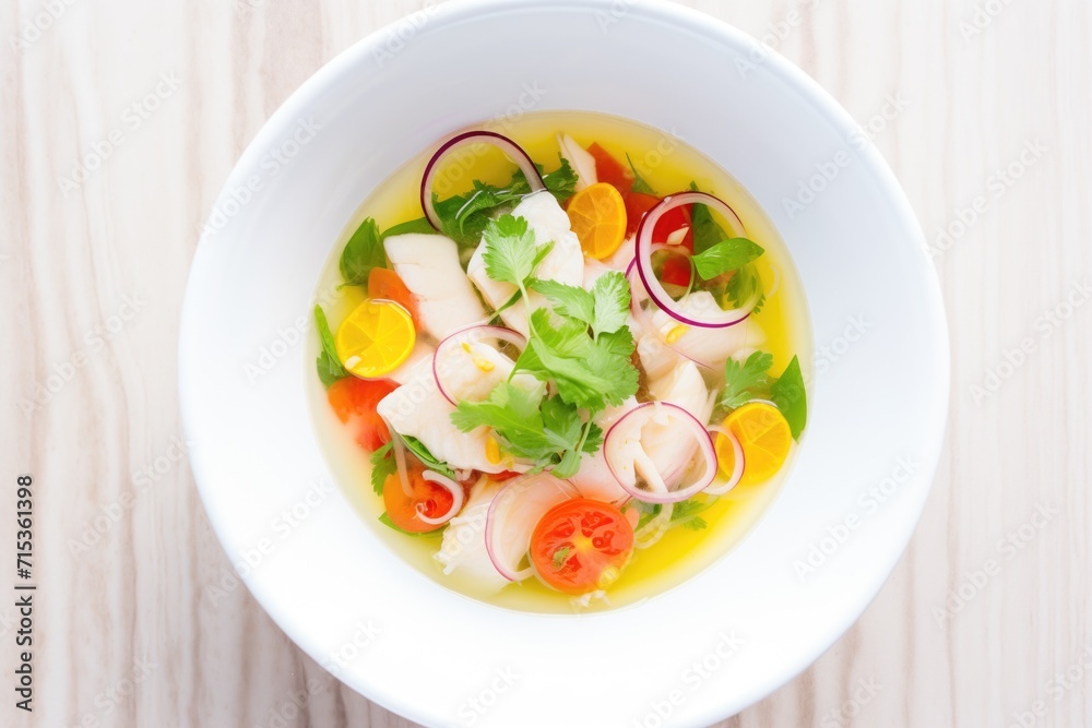 overhead view of traditional fish ceviche in a white bowl overhead view of traditional fish ceviche in a white bowl