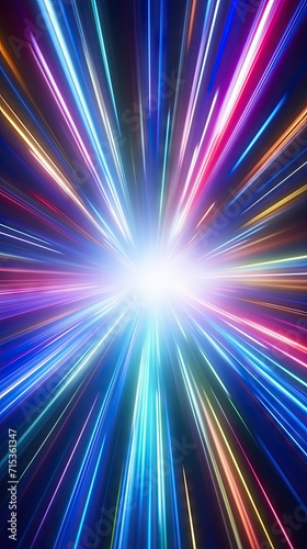 Futuristic abstract background with bright blue and purple neon beams, symbolizing high-speed data transfer and digital communication.