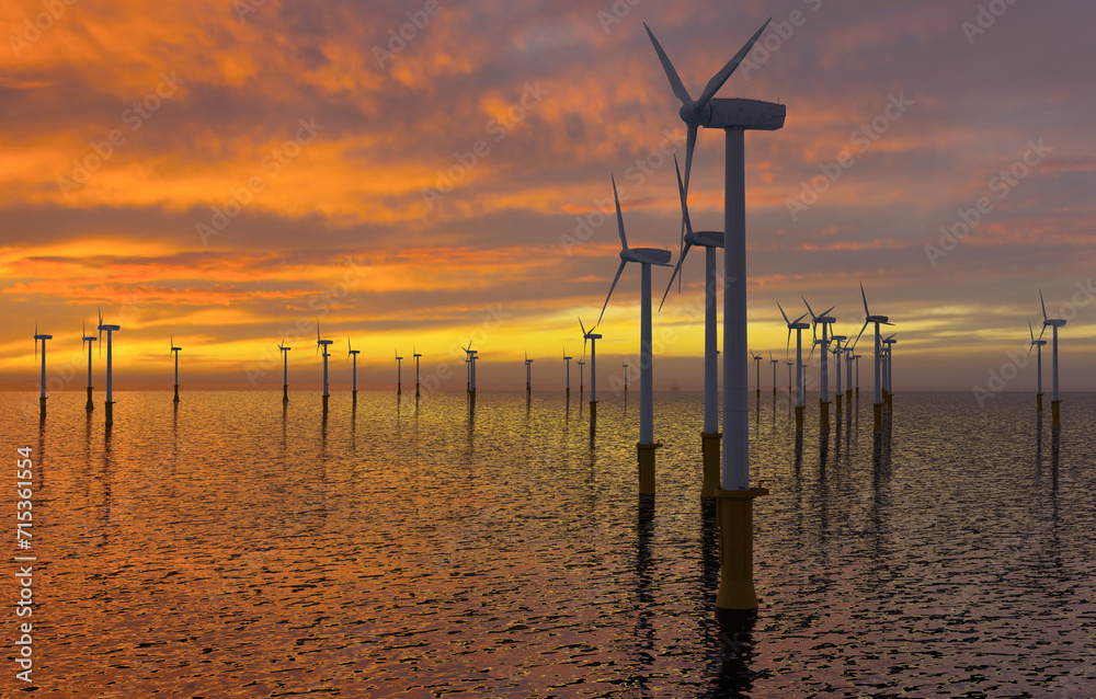 Offshore wind farm at sunset.3D illustration.